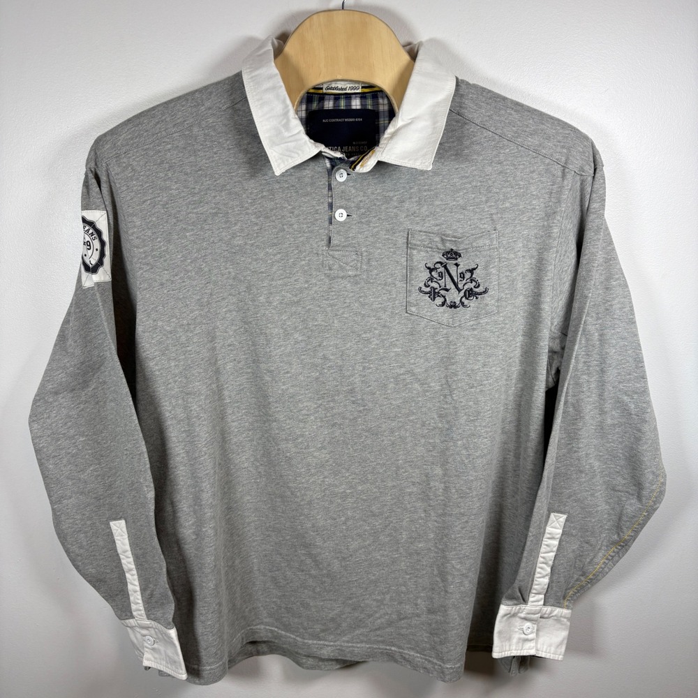 Nautica Jeans Co Mens Heather Gray Rugby Polo Shirt Long Sleeve Crest Logo XLT‎